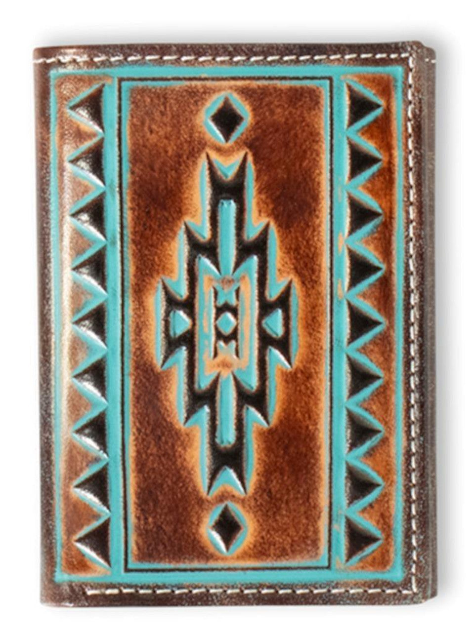 Men's Turquoise Trifold Embossed Leather Wallet with Brown Outline