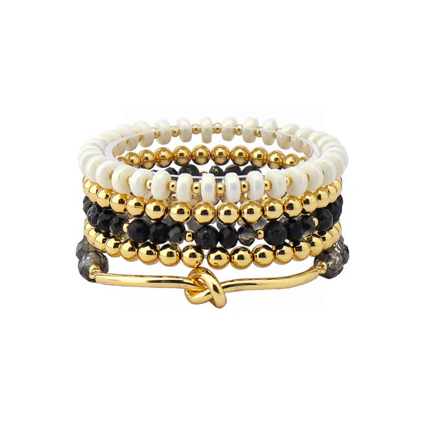 Set of 5 White Natual Stone, Black Crystal, and Gold Stretch Bracelets