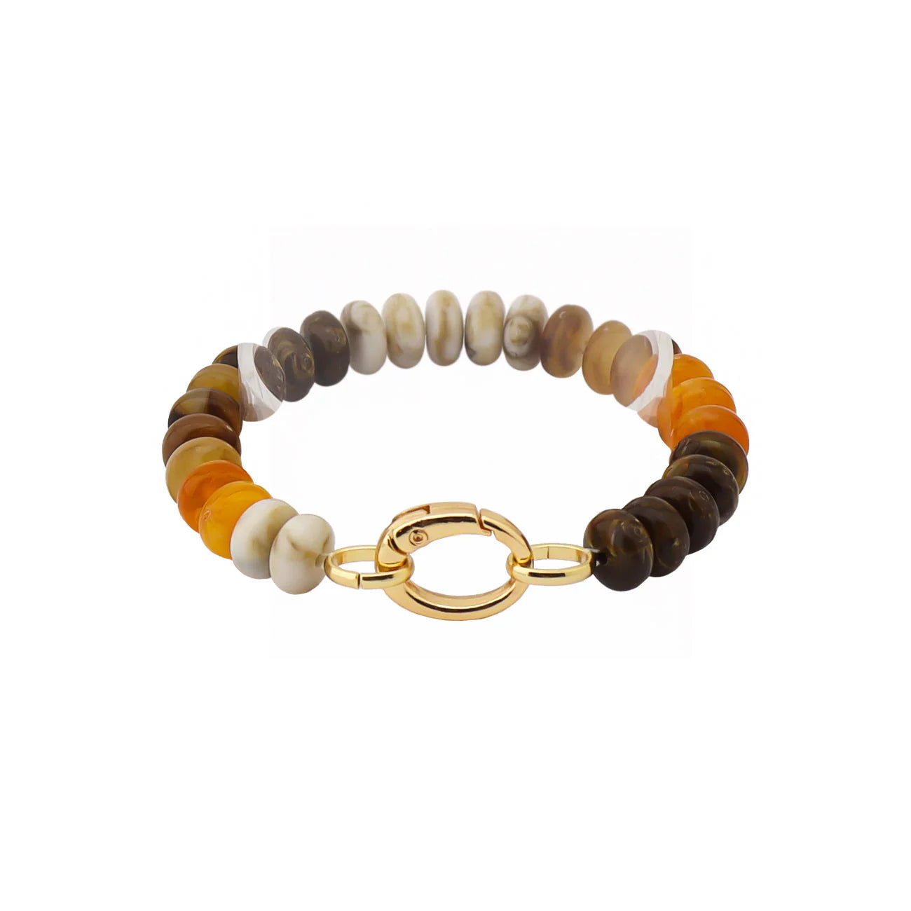 Round gemstone beaded bracelet with gold clasp, features brown, white, and orange beads