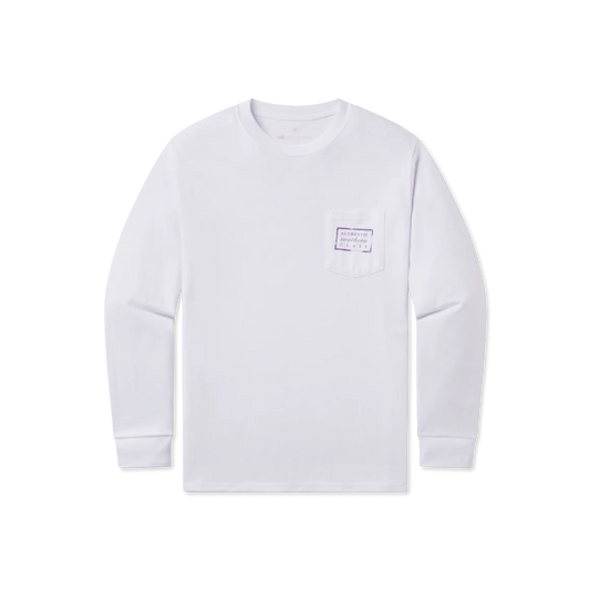 White long sleeve shirt with chest pocket and purple label print