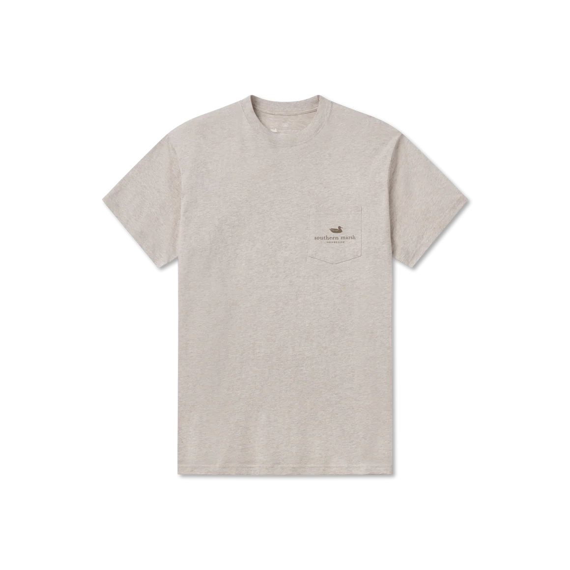 Beige short sleeve t-shirt with chest pocket and 'southern marsh' text, laid flat.