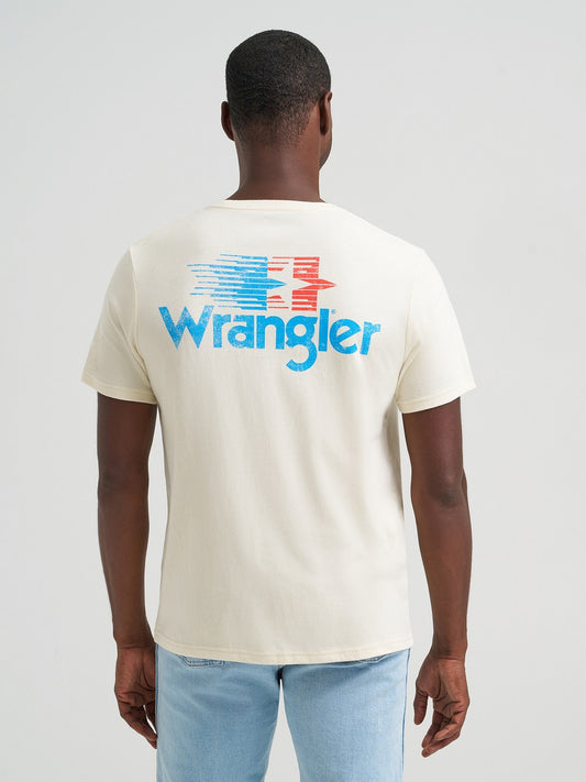 Person wearing a cream-colored t-shirt with Wrangler logo on the back against a white background
