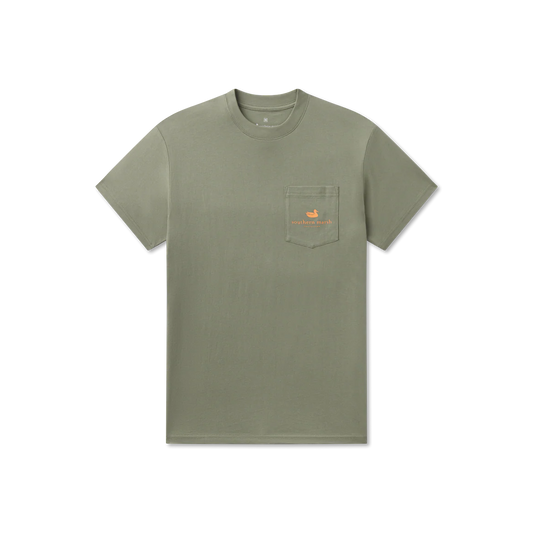 Green t-shirt with a pocket on a white background