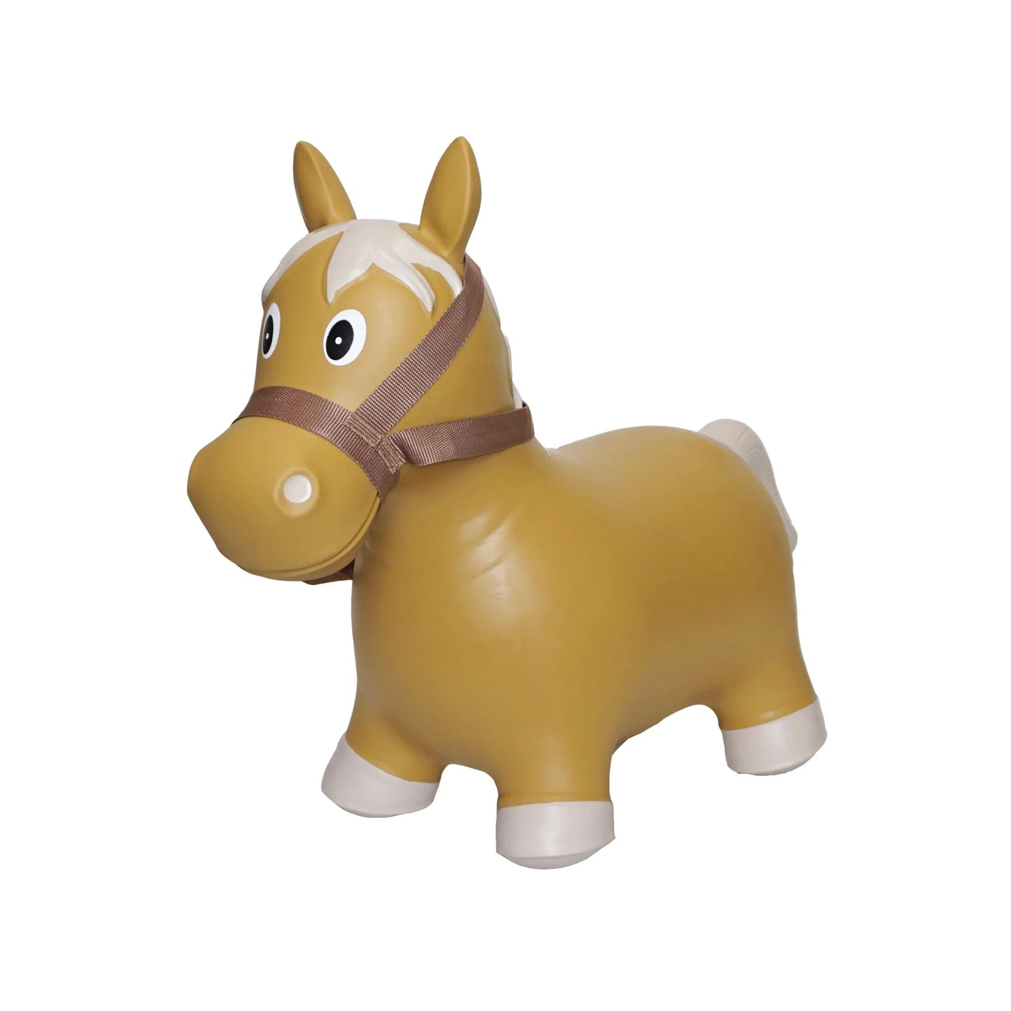 Brown inflatable horse toy for kids with white mane and expressive eyes, isolated on white background.