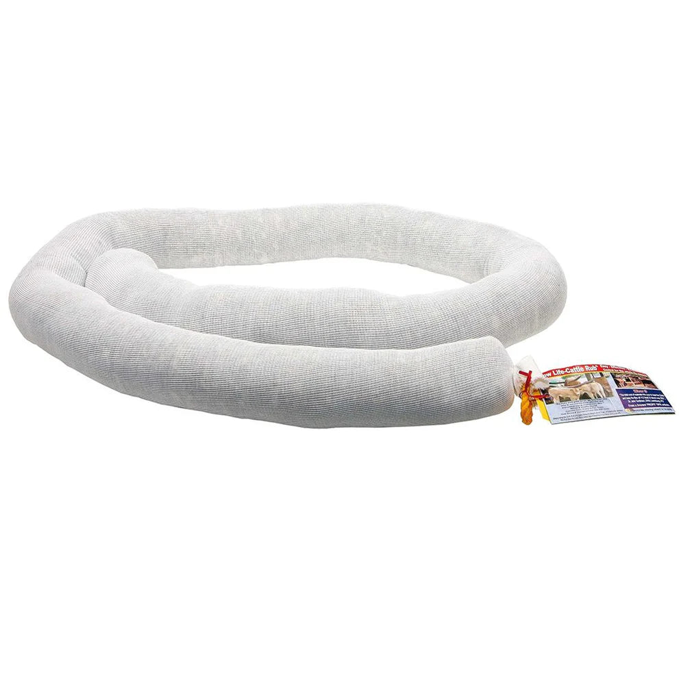 White absorbent sock for spill containment with product tag on white background
