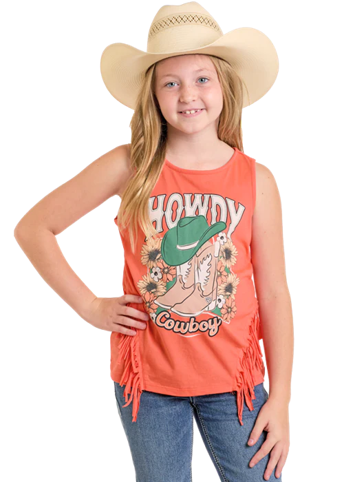 Rock&Roll Girls Howdy Graphic Tank with Fringe Coral