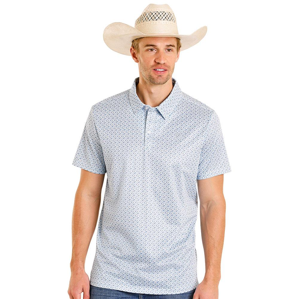 Man wearing a patterned polo shirt and cowboy hat on a white background