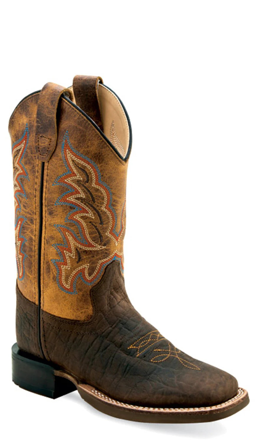 Brown leather cowboy boot with blue and tan stitching, square toe, and pull straps