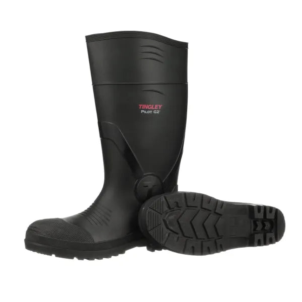 Black rubber work boots with textured soles and reinforced toes, labeled Tingley Pilot G2