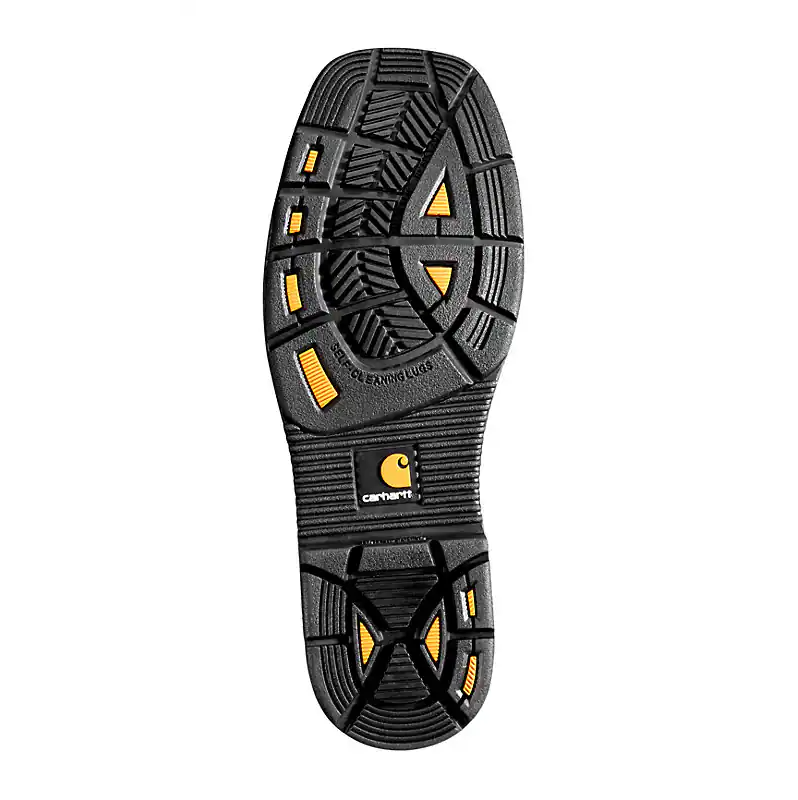 Black work boot sole with yellow accents, slip-resistant tread, and Carhartt logo
