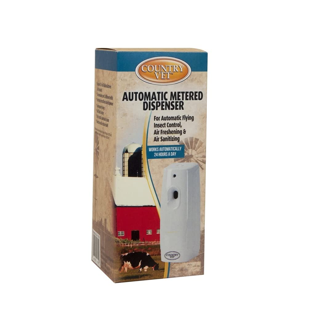 Automatic metered dispenser box for flying insect control, air freshening, and sanitizing