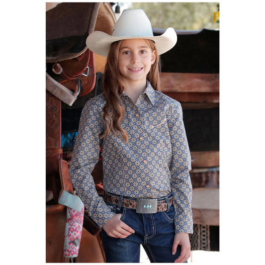 Girl's Geometric Print Button-Down Western - Orange / Light Blue - CTW3370020