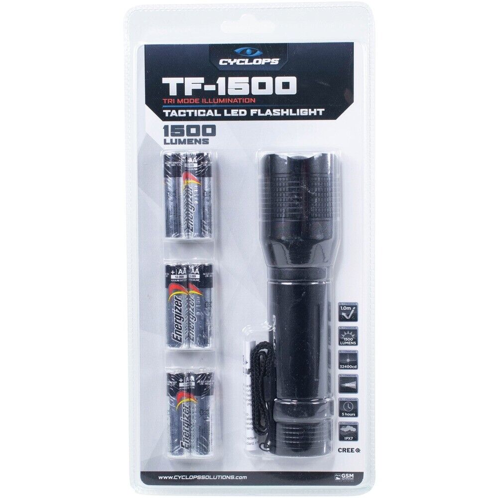 Cyclops TF-1500 tactical LED flashlight in packaging with batteries, 1500 lumens