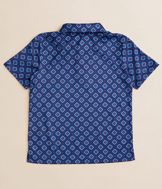 Men’s short sleeve navy shirt with blue geometric diamond pattern, flat lay back view