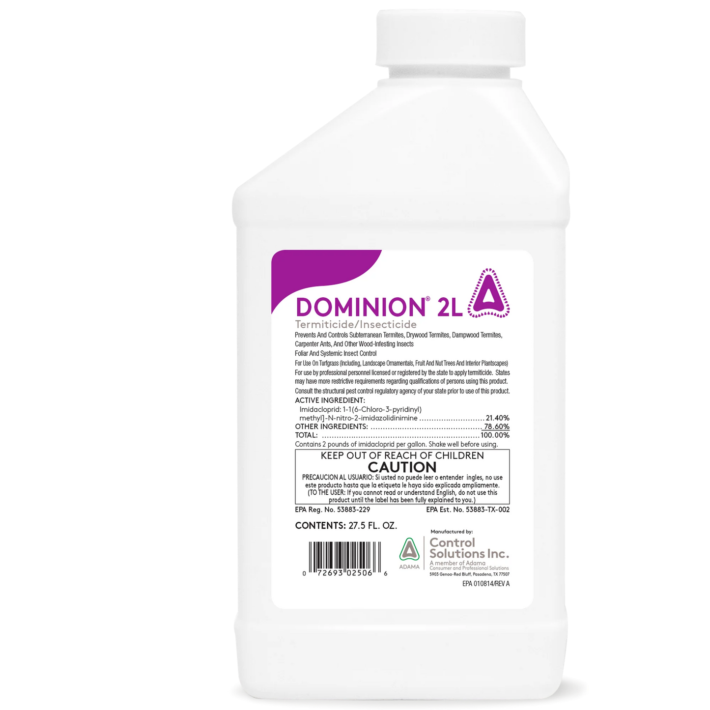 Dominion 2L termiticide insecticide bottle, 27.5 fl oz, white plastic container with label