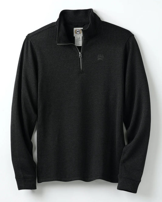 Black ribbed quarter-zip pullover sweater with long sleeves and stand collar