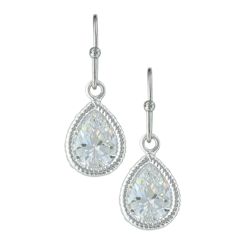 Teardrop-shaped crystal earrings on a white background