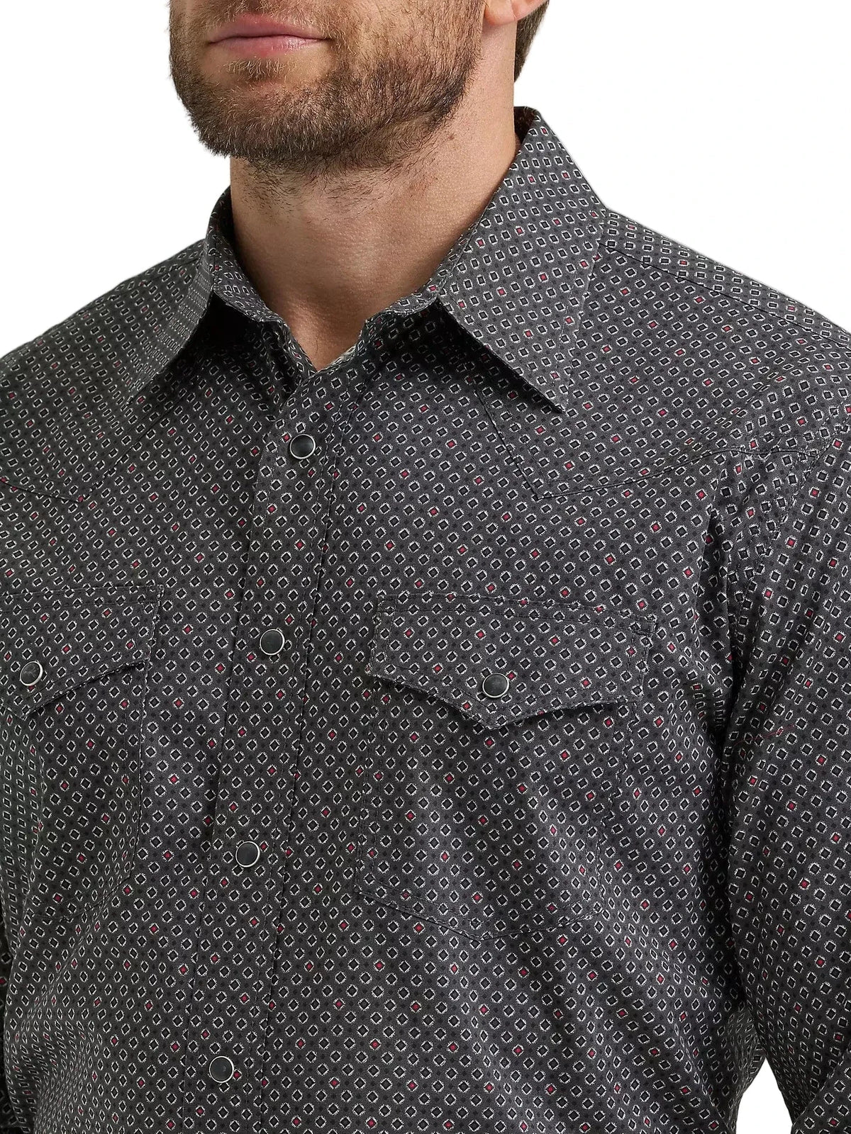 Men’s western snap button shirt with geometric pattern and chest pockets