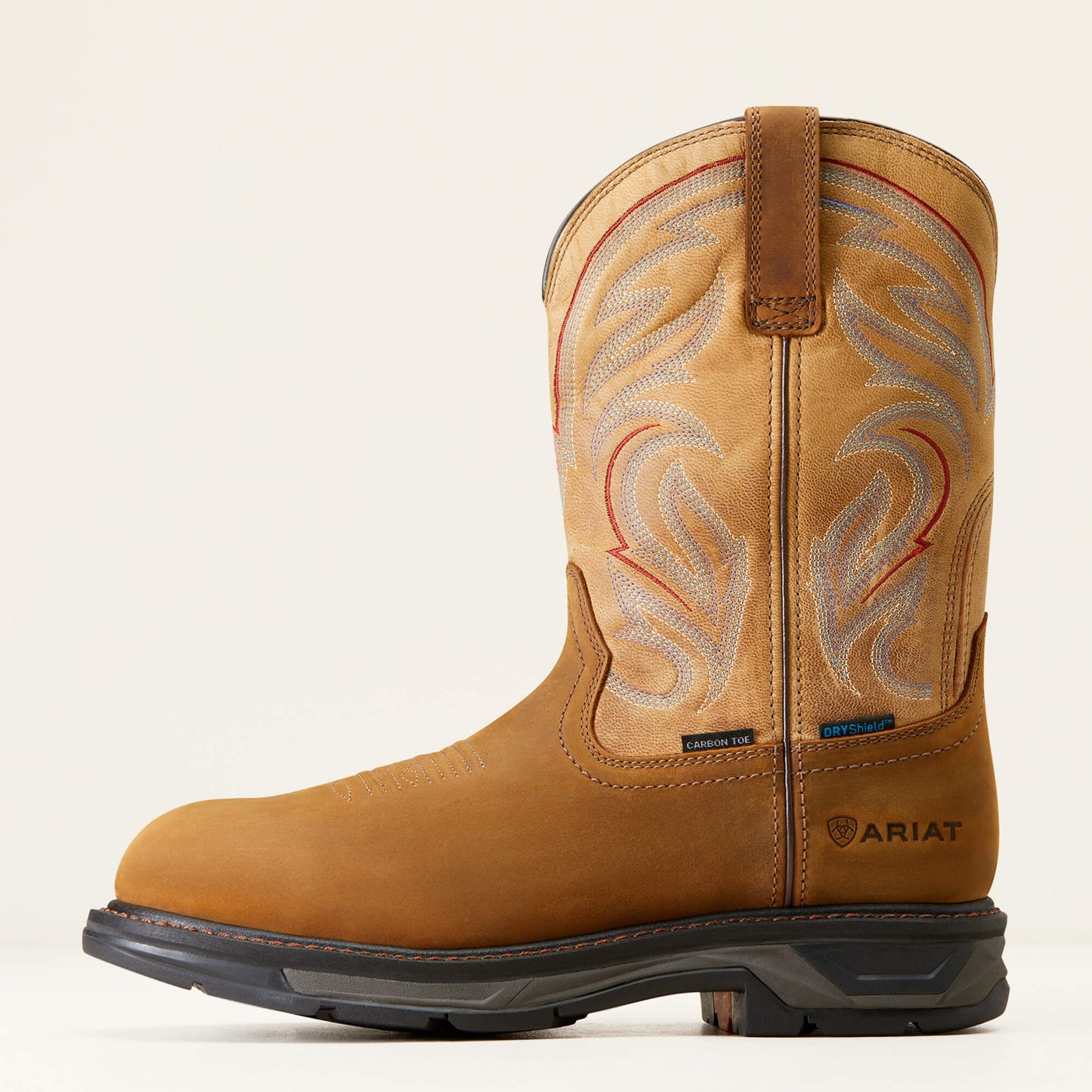 Tan work boot with intricate stitching on a white background
