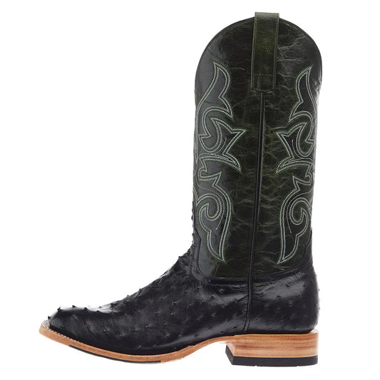 Black ostrich leather cowboy boot with stitched design and calfskin upper, wooden sole
