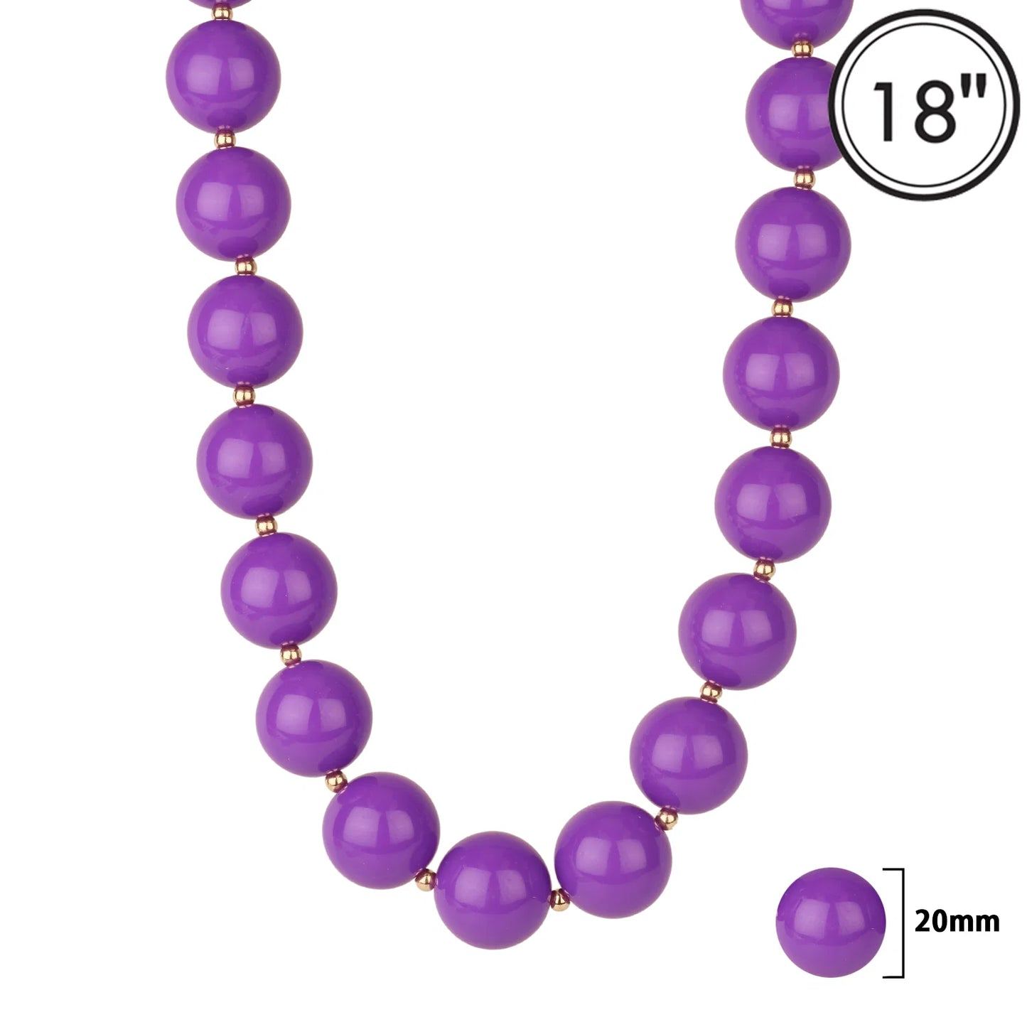 Purple beaded necklace with small metallic spacer beads, shown on a white background with an 18-inch size callout and a 20mm bead close-up.