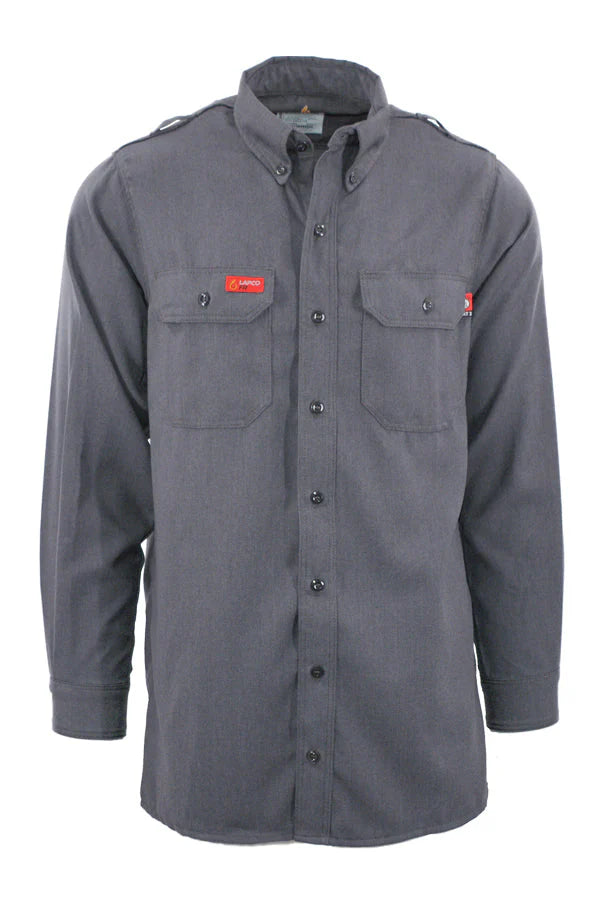 Dark gray long sleeve work shirt with button front and dual chest pockets