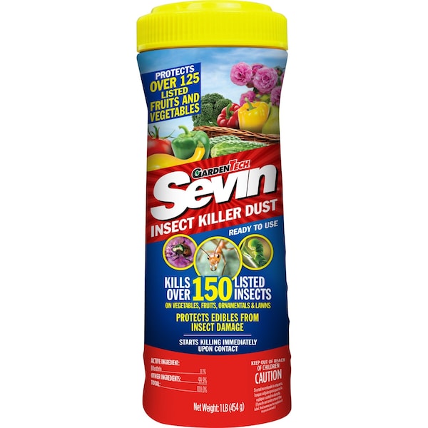 Garden insect killer dust container with yellow cap, labeled for use on fruits and vegetables.