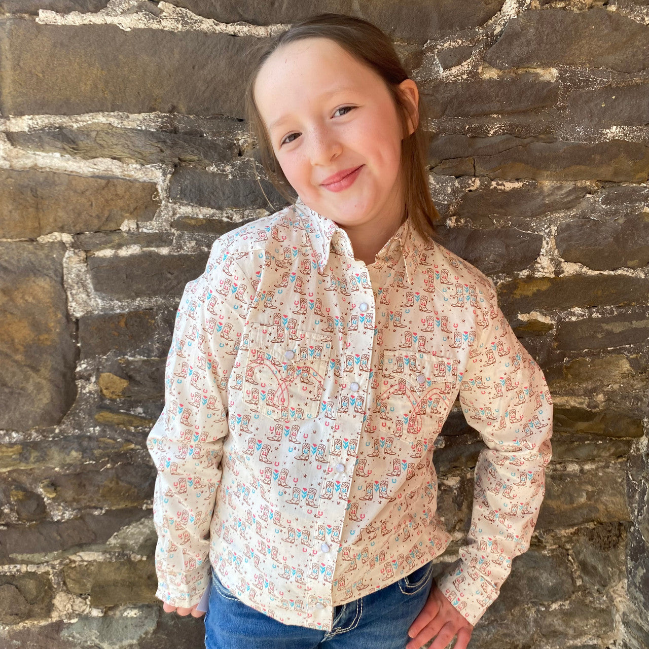 GIRL'S Natural Boot Print Long Sleeve Snap Down - LGN2S06118