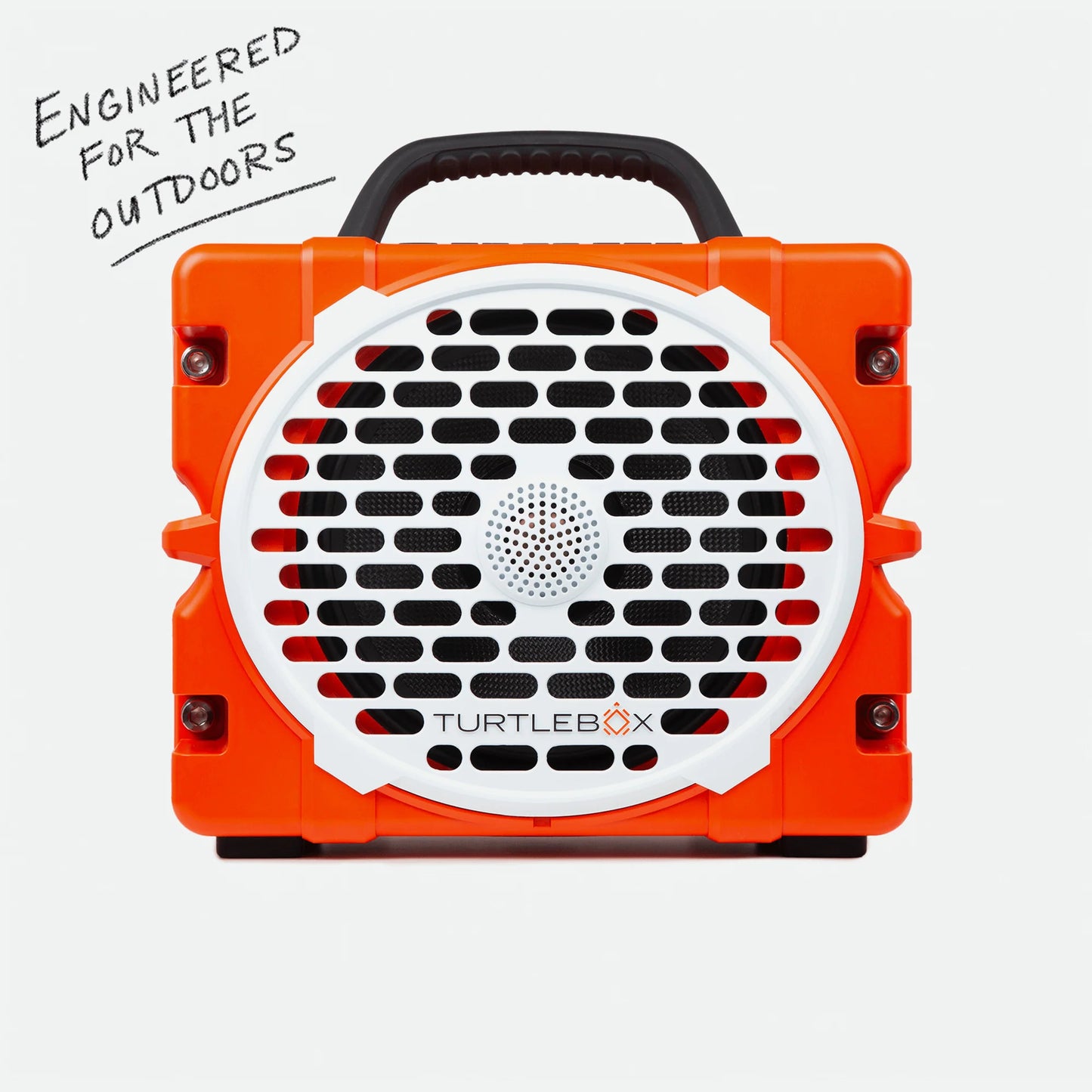 Orange portable speaker with black handle and 'TurtleBox' branding on a white background.