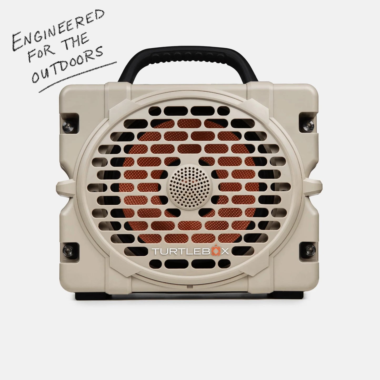 Turtlebox outdoor speaker with text 'Engineered for the outdoors' on a white background