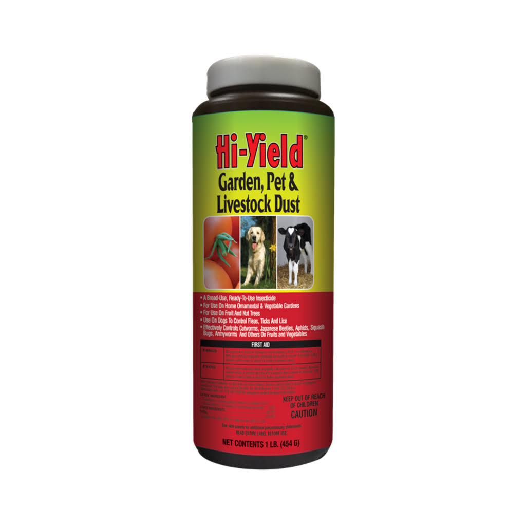 Hi-Yield Garden, Pet & Livestock Dust insecticide container for garden, pets, and livestock.