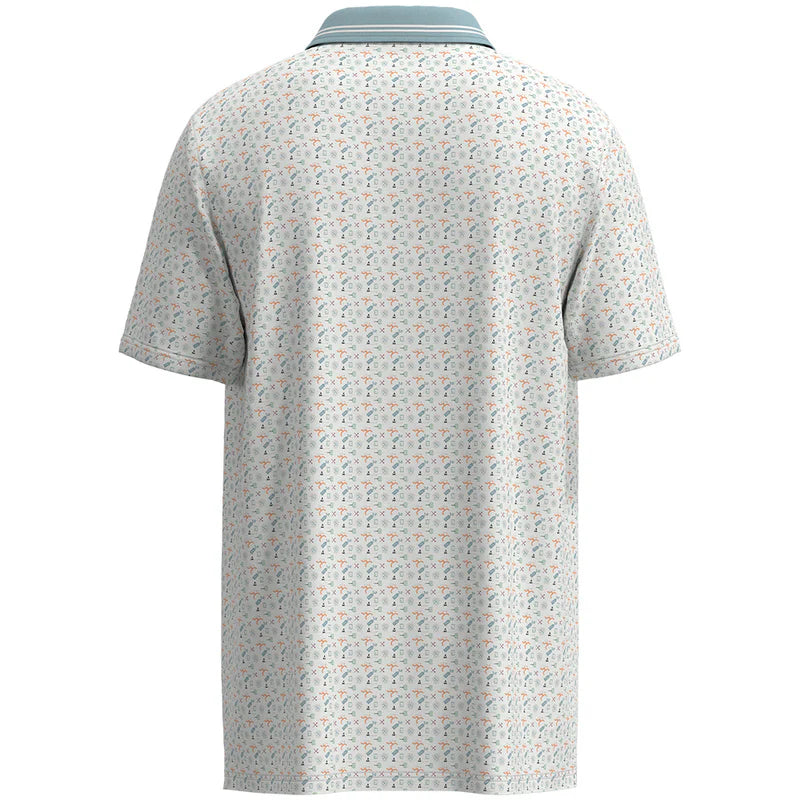 Back view of a patterned polo shirt on a white background