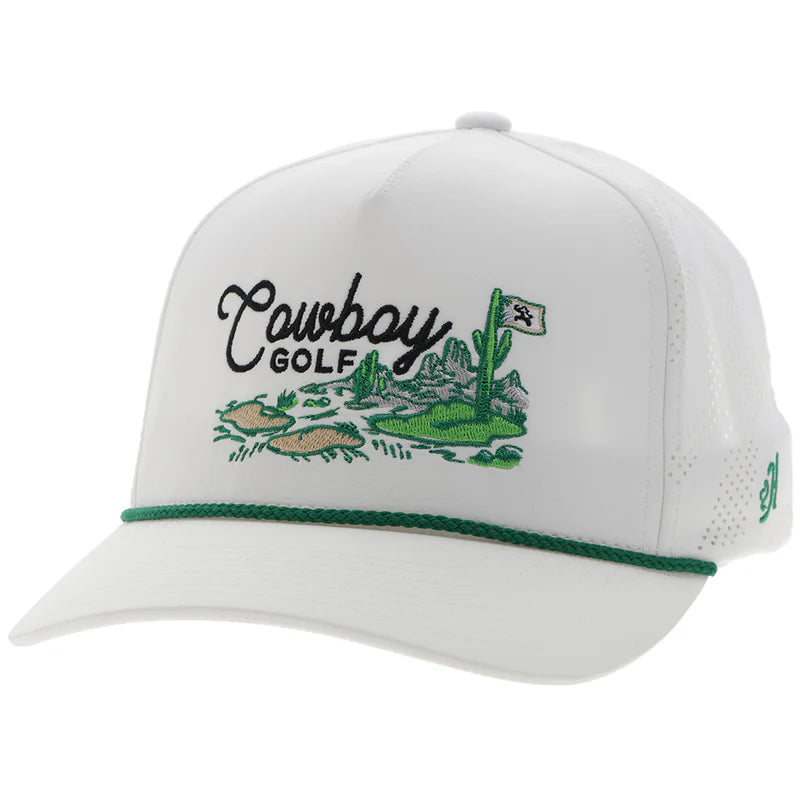 White cap with 'Cowboy Golf' logo and cactus design on a white background
