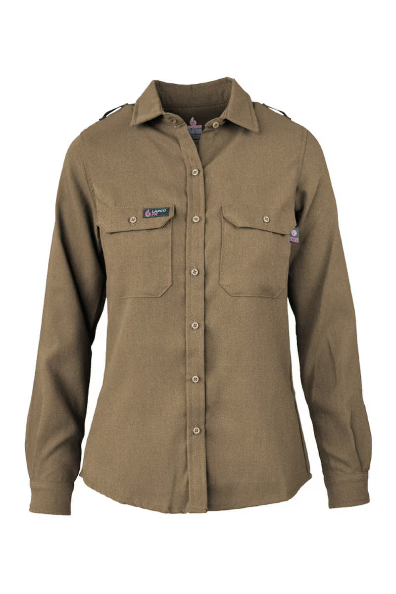 Khaki button down FR shirt, with LAPCO FR label on pocket, on white background.