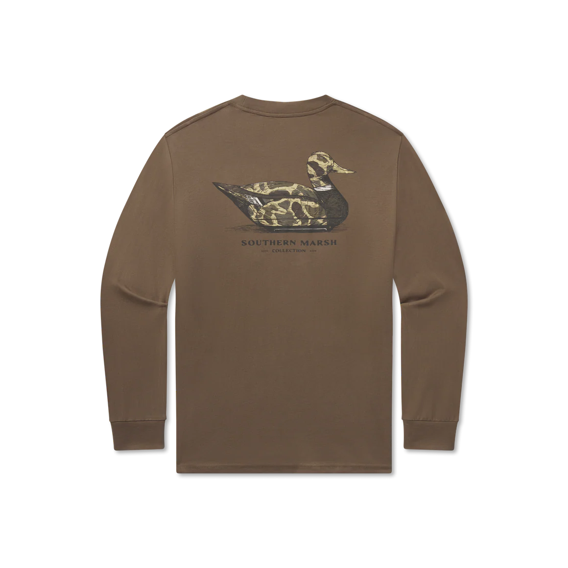 Brown long sleeve shirt with large duck graphic and 'Southern Marsh Collection' text on back