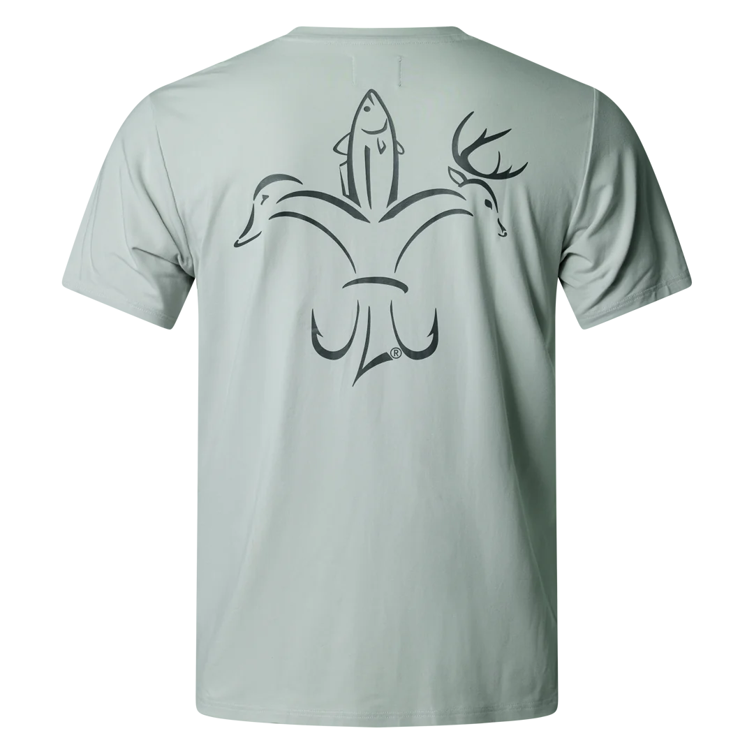 Light grey t-shirt with outdoors-themed logo featuring a fish, deer, and duck on the back.