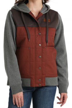 Women's Canvas Hoodie Jacket - Gray/Burgundy - MAJ9862002