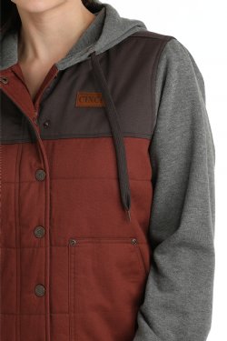 Women's Canvas Hoodie Jacket - Gray/Burgundy - MAJ9862002