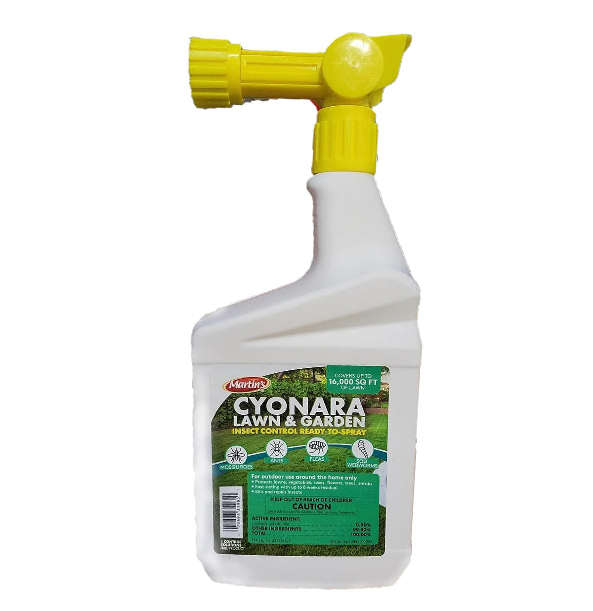 Cyonara Lawn & Garden insect control spray bottle with yellow hose nozzle for outdoor pest protection