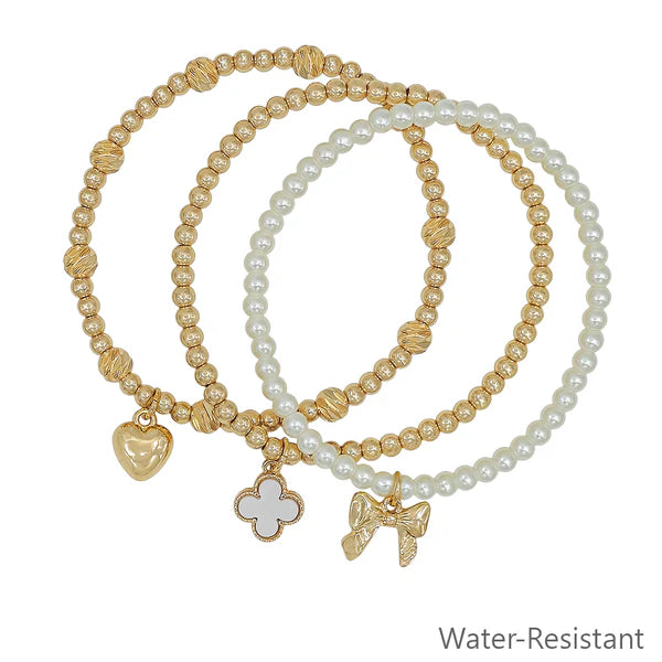 Water Resistant Set of 3 Pearl and Clover Charm Stretch Bracelets