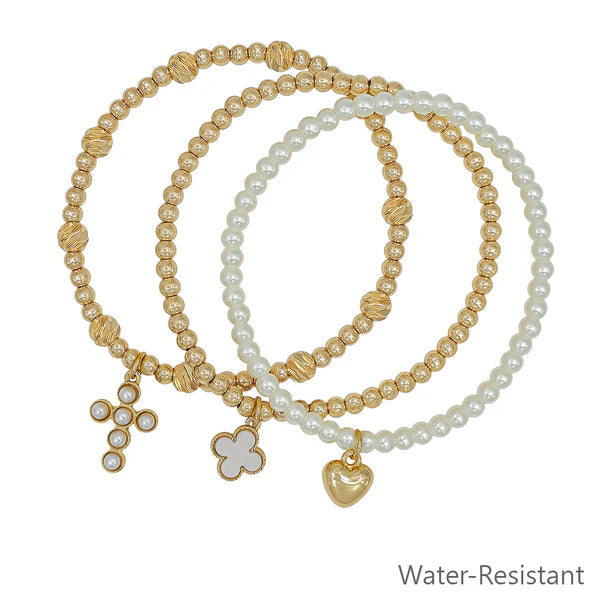 Water Resistant Set of 3 Pearl and Cross Charm Stretch Bracelets