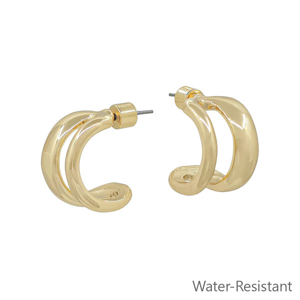 Water Resistant Gold Open Double Layered .75" Huggie Hoop Earring