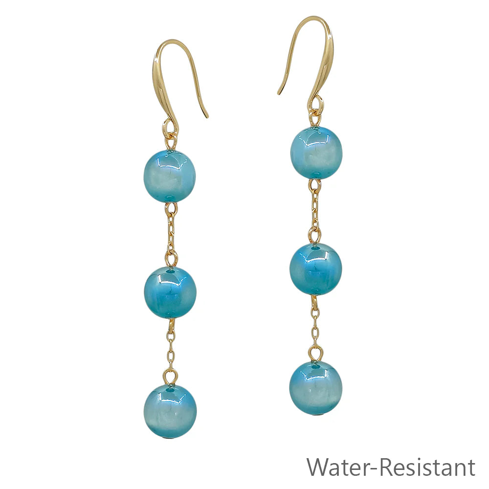 Water Resistant Triple Drop Blue Candy Beaded and Gold 1.75" Earring