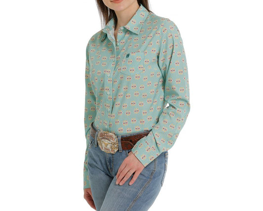 Women's Green Print Arena Flex Long Sleeve Western Shirt - MSW9163011