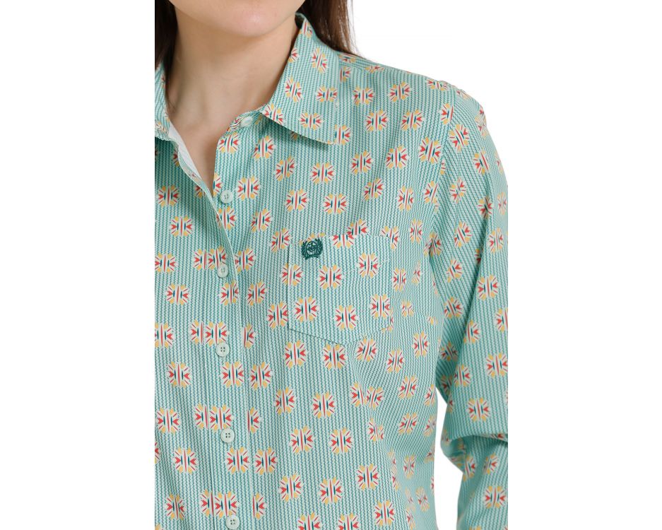 Women's Green Print Arena Flex Long Sleeve Western Shirt - MSW9163011
