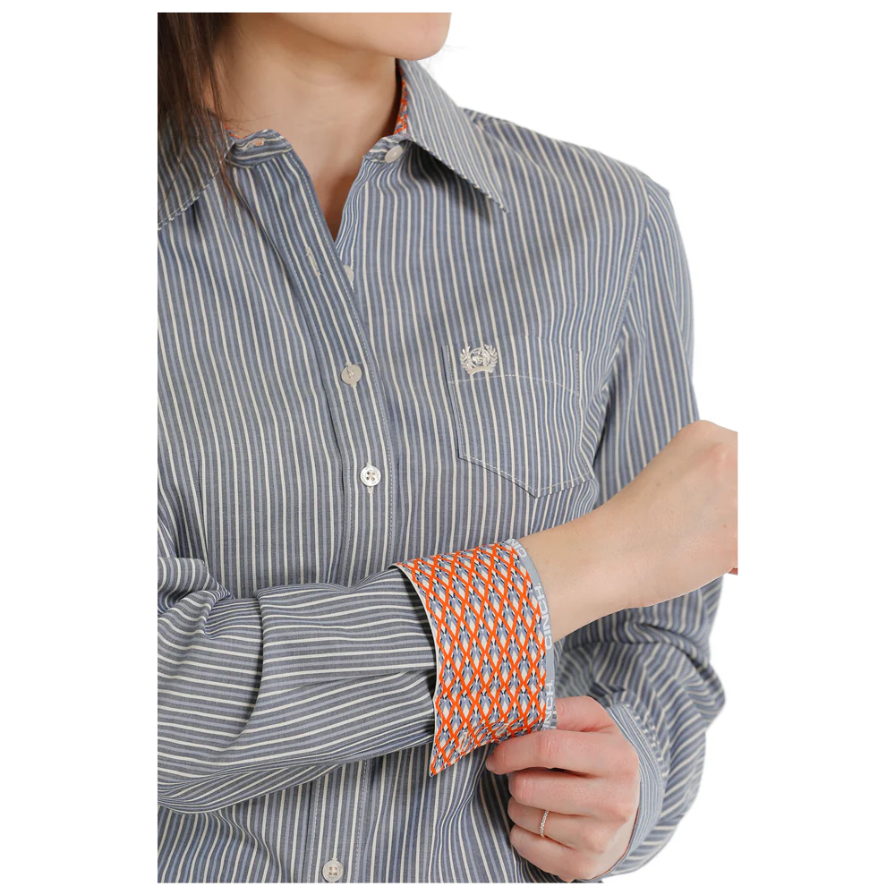 Women's TENCEL™ Stripe Button-Down Western Shirt - White / Blue - MSW9164196