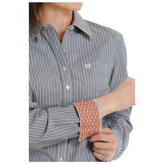 Women's TENCEL™ Stripe Button-Down Western Shirt - White / Blue - MSW9164196