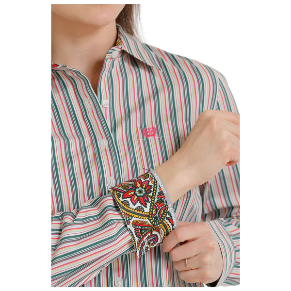 Women's Long Sleeve Striped Western Button Shirt - Multicolor - STYLE MSW9164199