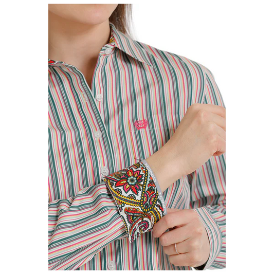 Women's Long Sleeve Striped Western Button Shirt - Multicolor - STYLE MSW9164199