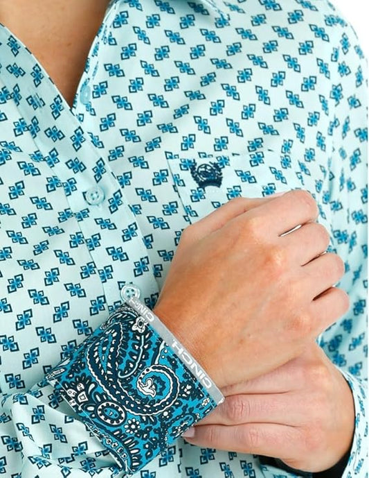 Women's CINCH Light Blue Print Long Sleeve Button-Down Western Shirt - MSW9164215